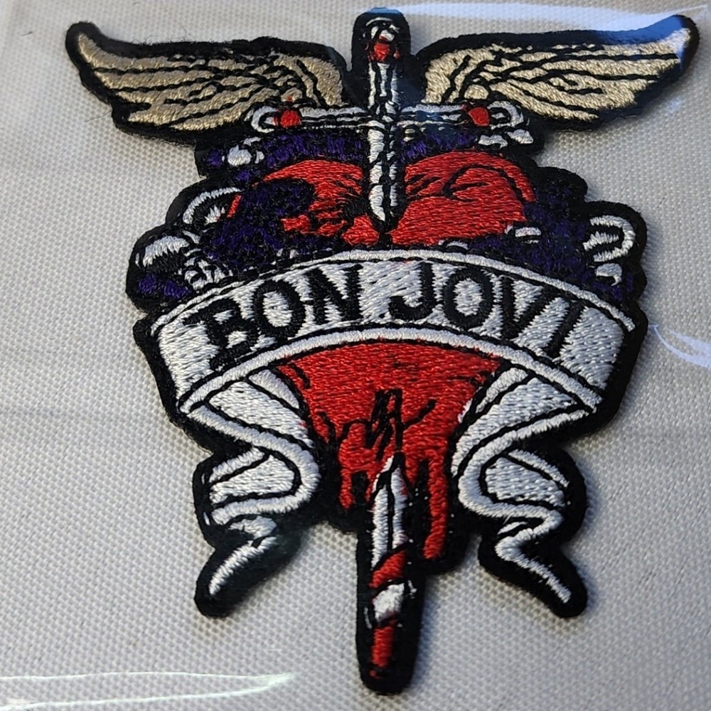 Bon Jovi Embroidered Patch Heart Dagger Wings Logo Rock Band Music Applique Red